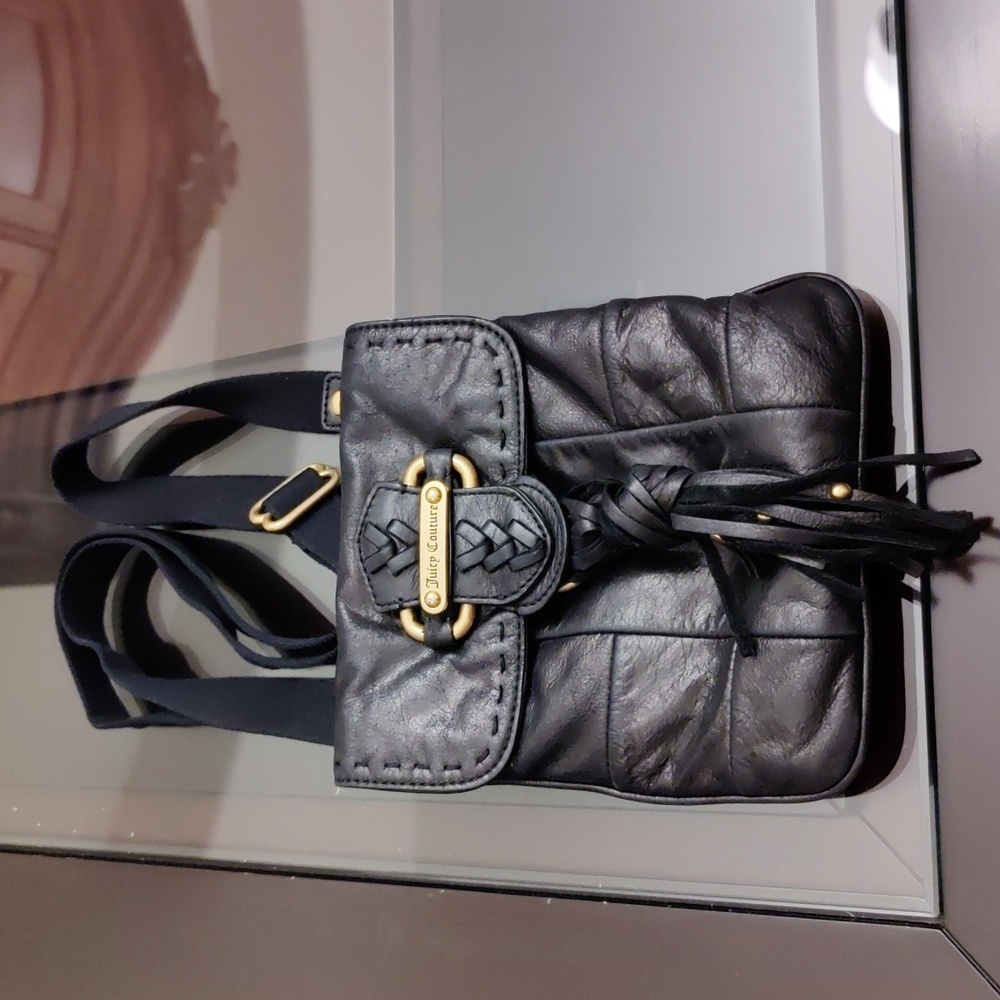 Juicy Couture Black Whipstitch Leather Tassel Crossbody Y2K Bag Great Condition